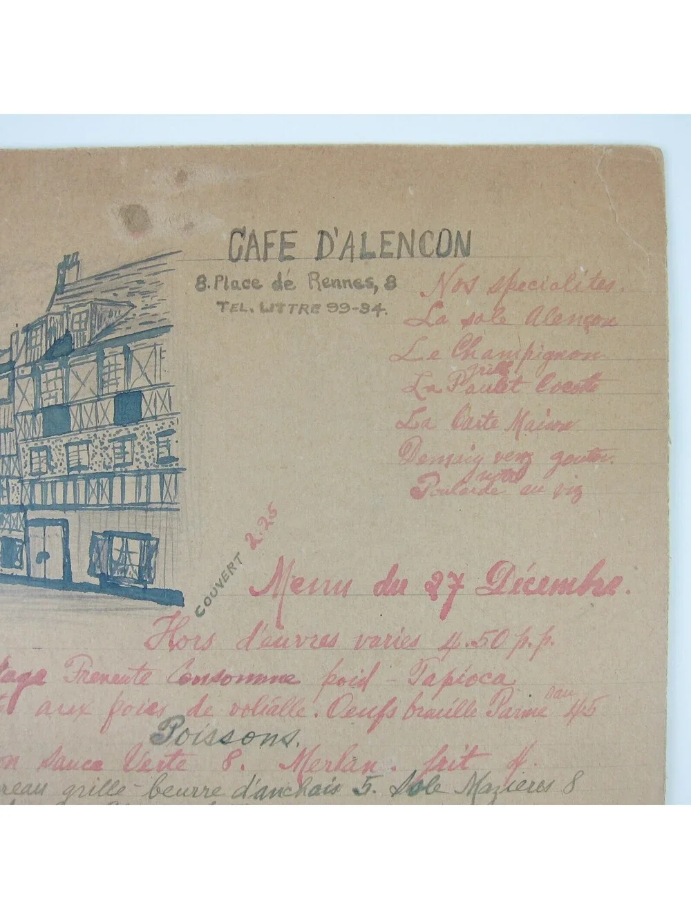 Antique 1920s Menu Cafe D'Alencon Montparnasse Paris France Wine Prices Handmade